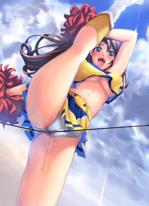 kongeraatio, 1girl, bdsm, blue eyes, blush, bondage, bound, breasts, brown hair, cheerleader, cloud, covered erect nipples, crotch rope, day, female focus, from below, kneepits, large breasts, leg lift, long hair, no bra, open mouth, panties, pussy juice, rope walking, sky, solo, split, standing, standing on one leg, standing split, thighs, tongue, underboob, underwear, wet, wet clothes, wet panties, white panties