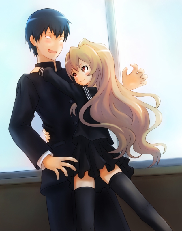 mzd421, aisaka taiga, takasu ryuuji, toradora!, 00s, 1boy, 1girl, black serafuku, blue hair, brown eyes, brown hair, hetero, hug, long hair, school uniform, serafuku, short hair, thighhighs, zettai ryouiki