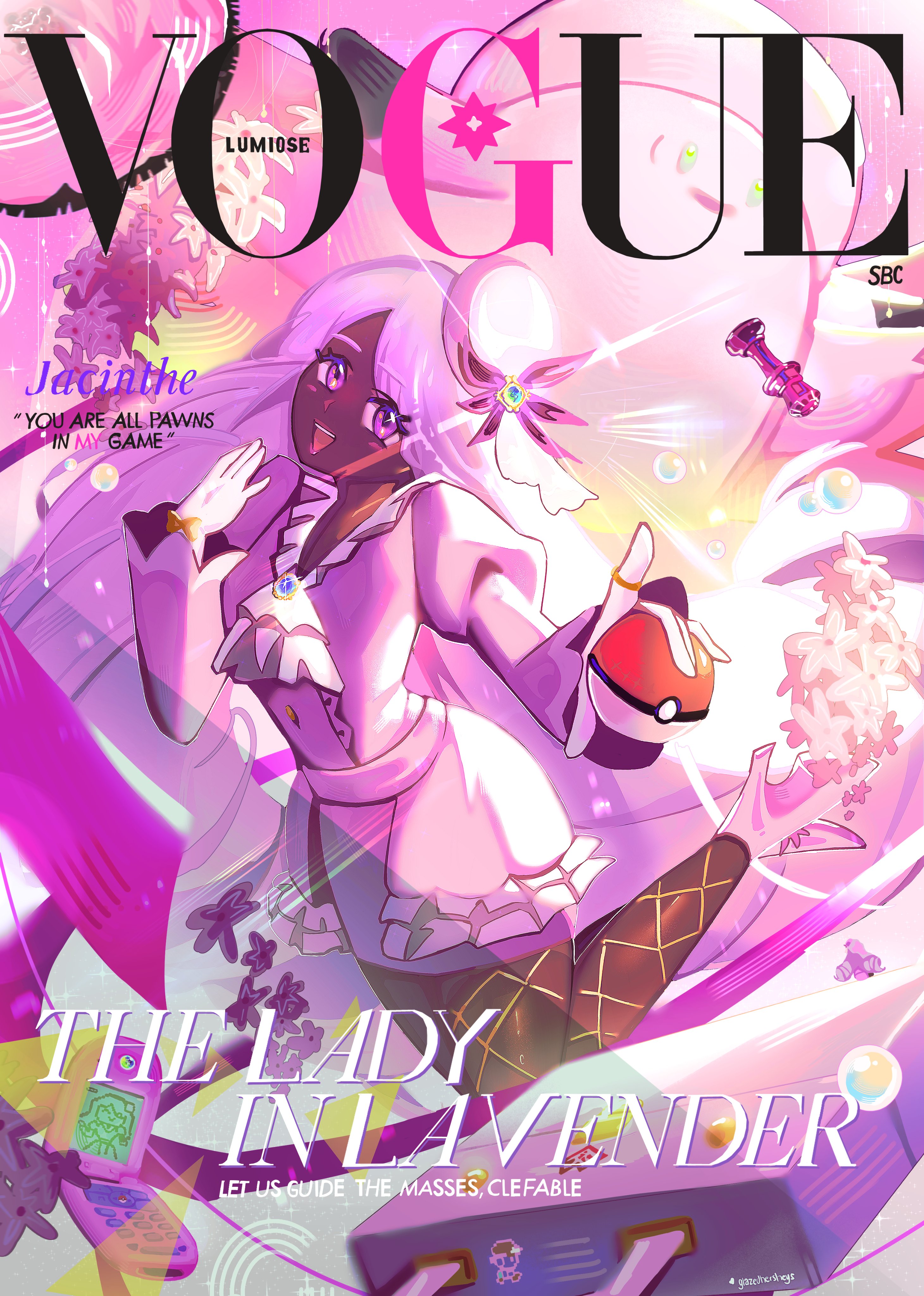 glazedhersheys, clefable, jacinthe (pokemon), mega clefable, nintendo, pokemon, pokemon legends: z-a, absurdres, highres, 2girls, ascot, brooch, cover, dark-skinned female, dark skin, dress, english text, fake cover, fascinator, finger to cheek, frilled ascot, frills, gem, glint, gloves, hair ornament, heart, holding, holding poke ball, jewelry, juliet sleeves, long hair, long sleeves, looking at viewer, low drills, mega stone, multiple girls, parted lips, poke ball, poke ball (basic), puffy sleeves, purple dress, purple eyes, purple hair, smile, solo, very dark skin, wide hips