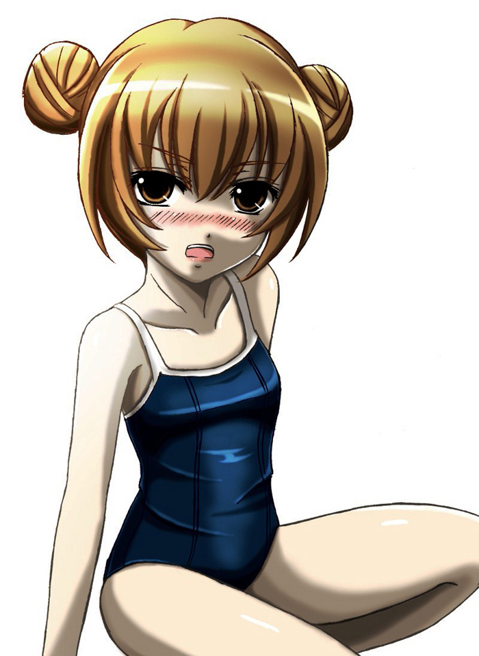 okumoto yuuta, aisaka taiga, toradora!, bad id, bad pixiv id, 00s, 1girl, blush, brown eyes, brown hair, competition school swimsuit, double bun, female focus, flat chest, hair bun, one-piece swimsuit, school swimsuit, solo, swimsuit