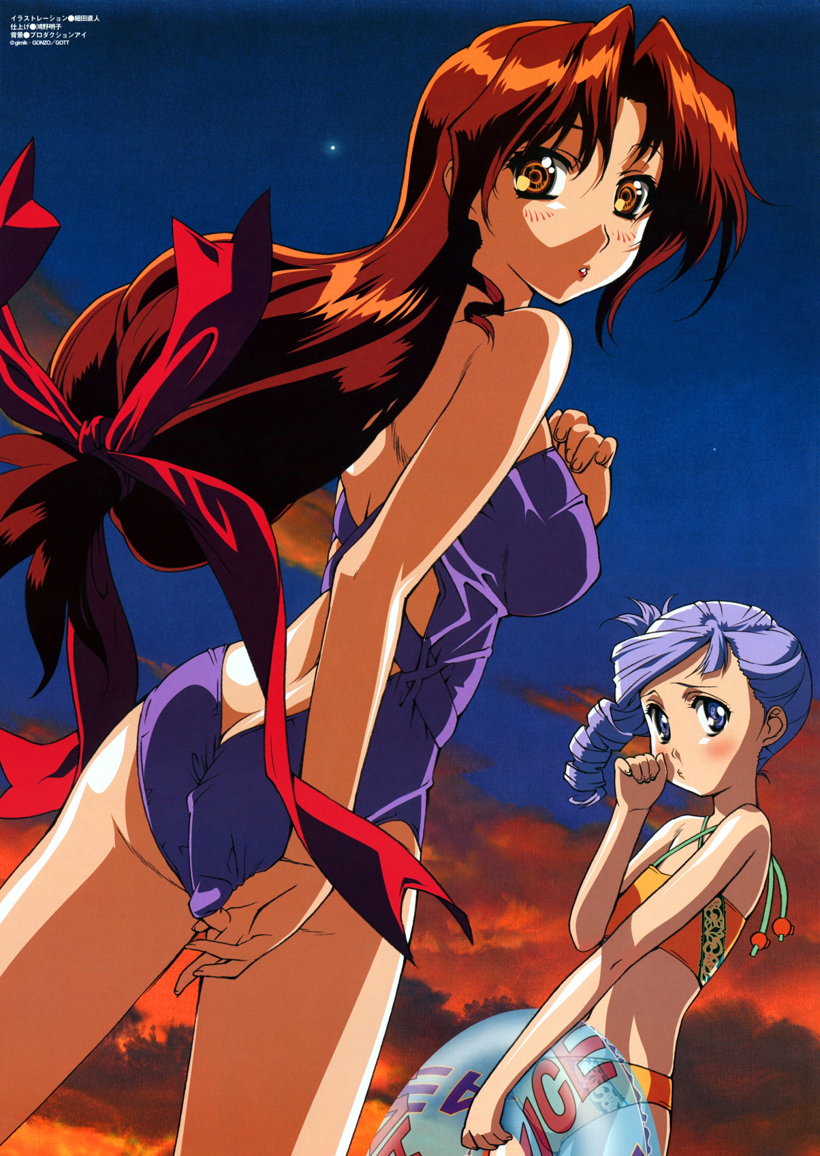 hosoda naoto, eclair (kiddy grade), lumiere (kiddy grade), kiddy grade, highres, non-web source, official art, 00s, 2girls, adjusting clothes, adjusting swimsuit, ass, back, bikini, blush, breasts, brown hair, butt crack, casual one-piece swimsuit, cloud, drill hair, dutch angle, embarrassed, flat chest, from behind, hair ribbon, innertube, large breasts, lipstick, long hair, looking back, makeup, multiple girls, night, night sky, one-piece swimsuit, outdoors, ponytail, pout, purple eyes, purple hair, ribbon, sky, sunset, swim ring, swimsuit, tankini, yellow eyes