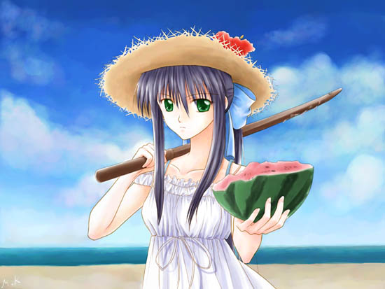 kawashima mitsuha, mitsuha, kawasumi mai, kanon, bad id, bad pixiv id, 1girl, beach, blue hair, bokken, day, dress, female focus, food, fruit, green eyes, hat, long hair, ponytail, solo, straw hat, suikawari, sword, watermelon, weapon, wooden sword