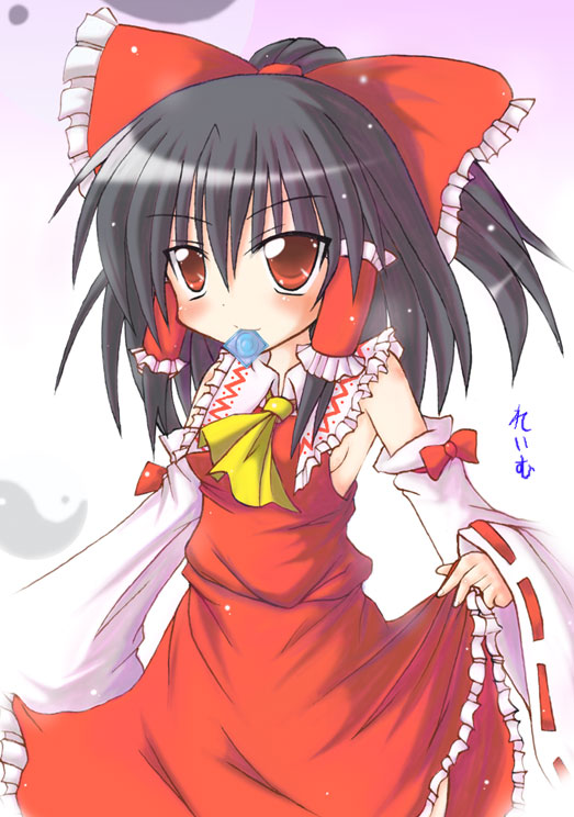 kamashi, hakurei reimu, touhou, 1girl, black hair, blush, bow, breasts, clothes lift, condom, condom in mouth, detached sleeves, dress, dress lift, female focus, frills, hair bow, japanese clothes, long hair, miko, mouth hold, ponytail, red dress, red eyes, ribbon, sideboob, small breasts, solo, standing