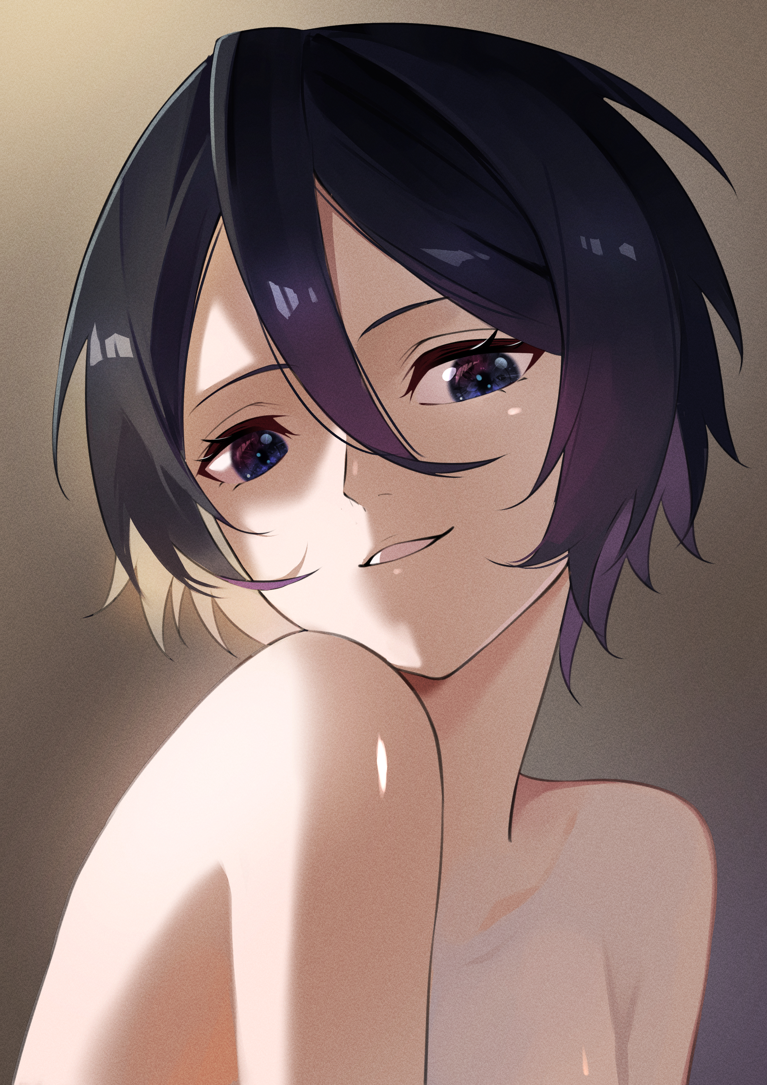 tsushironesae, kuchiki rukia, bleach, bleach: sennen kessen-hen, absurdres, highres, 1girl, bare shoulders, black hair, breasts, female focus, looking at viewer, medium hair, shiny skin, simple background, small breasts, teeth, upper body