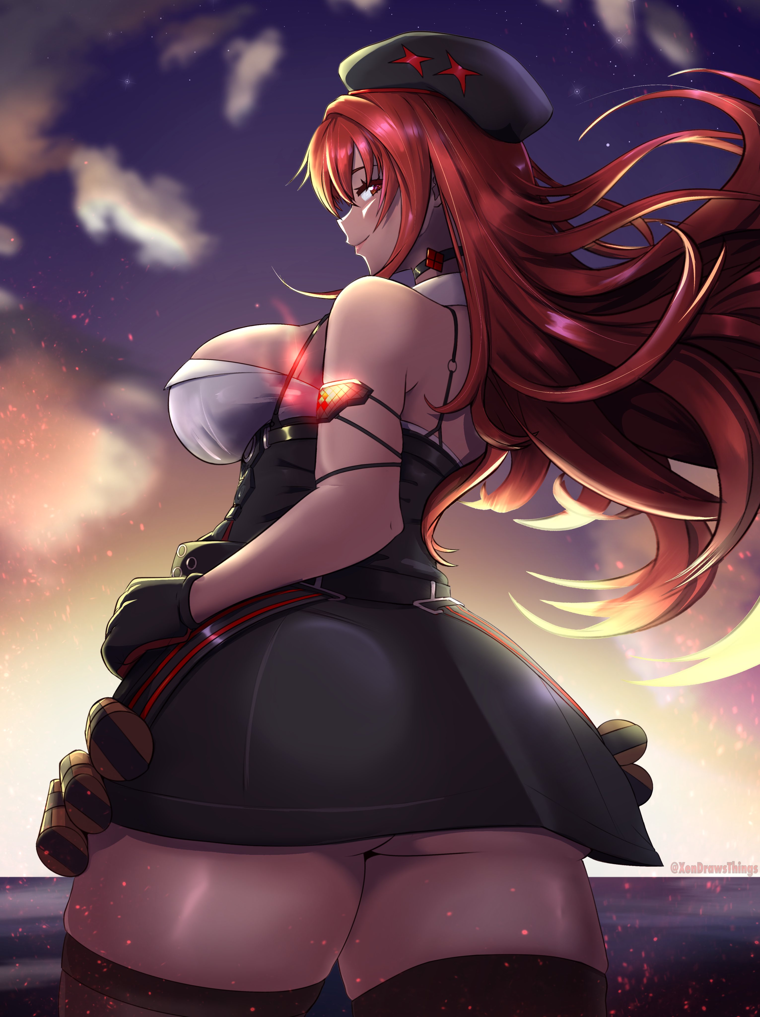 xennie, rapi (nikke), rapi (red hood) (nikke), goddess of victory: nikke, absurdres, highres, 1girl, artist name, ashes, ass, bare shoulders, blurry, blurry background, breasts, hat, huge ass, large breasts, long hair, looking back, red hair, skirt, smile, sunset