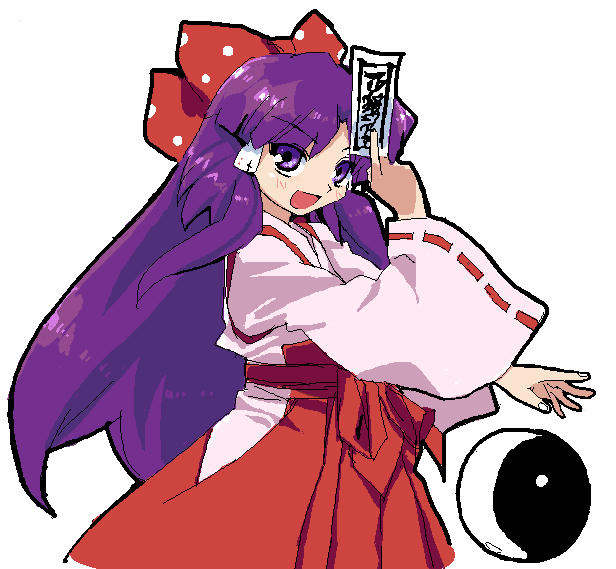 tonbi, hakurei reimu, hakurei reimu (pc-98), the story of eastern wonderland, touhou, touhou (pc-98), bad id, bad pixiv id, 1girl, bow, female focus, from side, hair bow, hakama, hakama skirt, japanese clothes, long hair, miko, oekaki, ofuda, purple eyes, purple hair, simple background, skirt, solo, white background, yin yang
