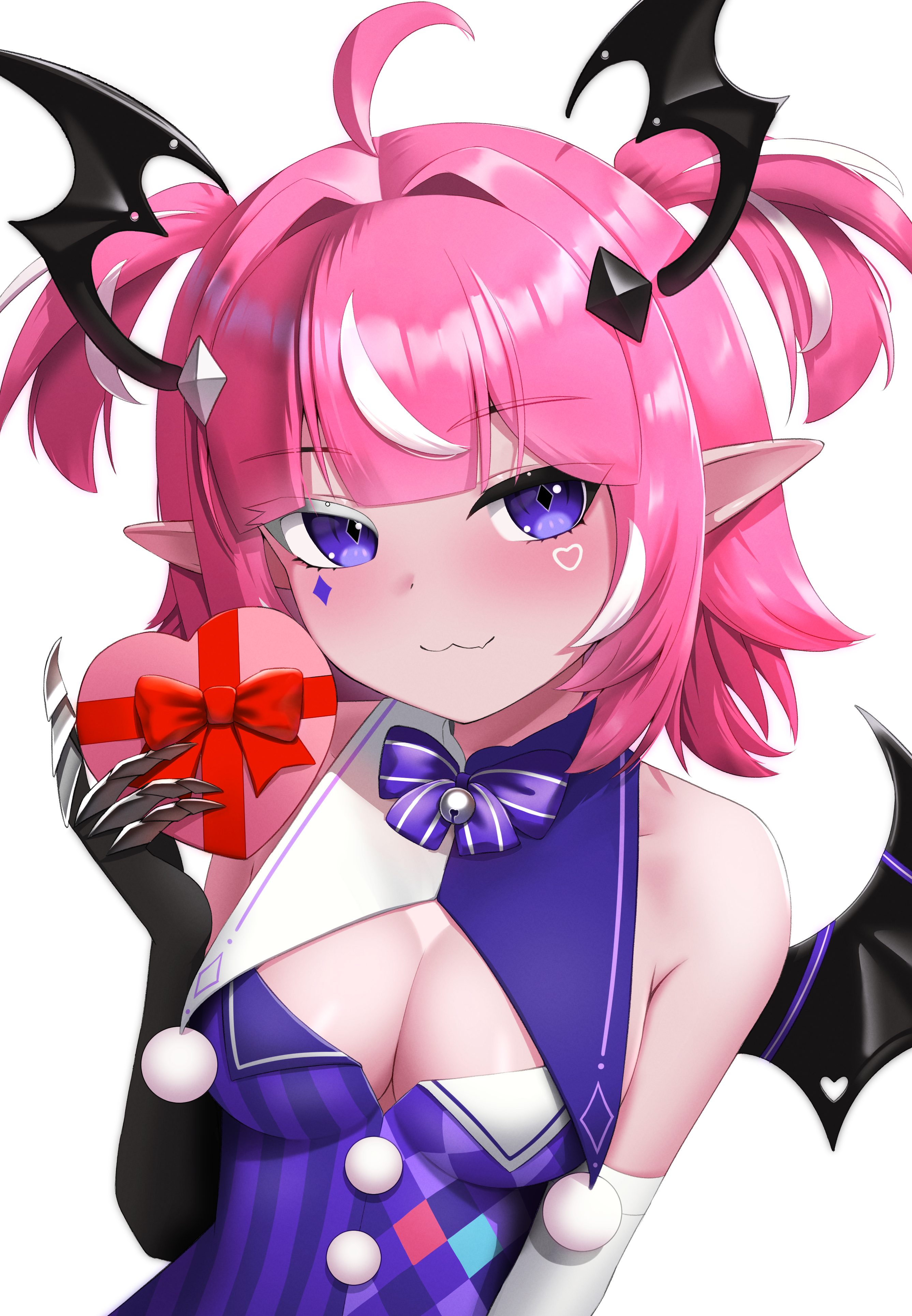 wavefile, camila (vtuber), indie virtual youtuber, absurdres, commentary, english commentary, highres, 1girl, :3, ahoge, bell bow, blush, bow, box, breasts, cleavage, closed mouth, demon girl, diamond-shaped pupils, diamond (shape), diamond facial mark, diamond hair ornament, elbow gloves, eyelashes, facial mark, fake claws, gloves, hair intakes, head wings, heart, heart-shaped box, heart facial mark, holding, holding box, multicolored hair, pink hair, pom pom (clothes), purple bow, purple eyes, red bow, short hair, short twintails, simple background, smile, streaked hair, symbol-shaped pupils, twintails, two-tone hair, upper body, virtual youtuber, white background, white hair, wings