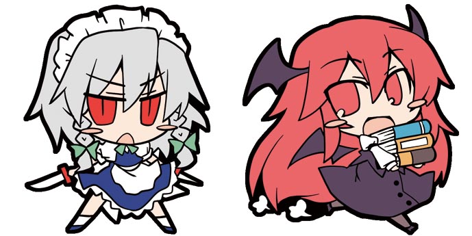 akaneya, izayoi sakuya, koakuma, embodiment of scarlet devil, touhou, silver hair, bad id, bad pixiv id, 2girls, bat wings, blush stickers, book, chibi, female focus, head wings, knife, maid, multiple girls, red eyes, red hair, running, throwing knife, weapon, wings