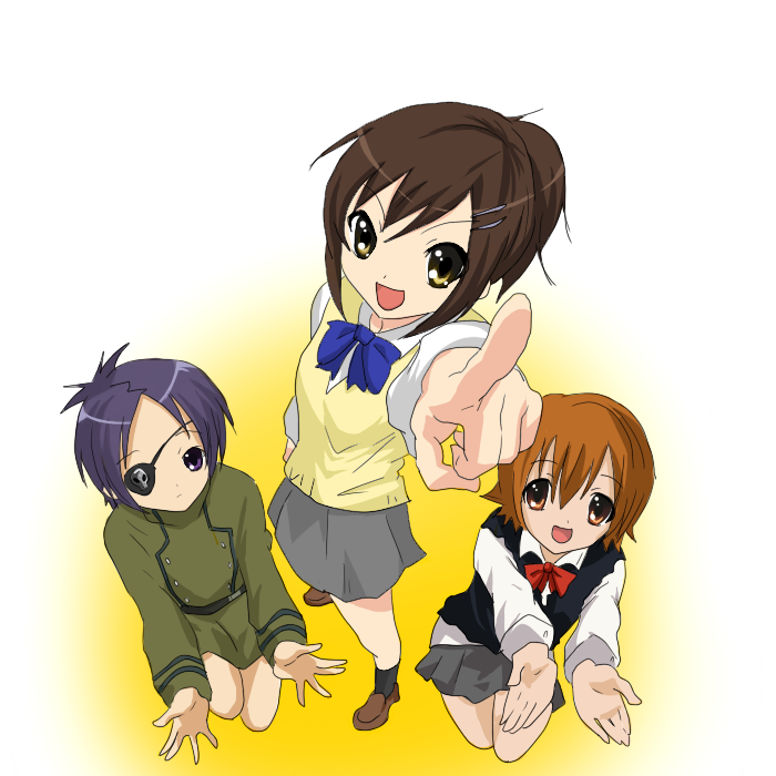 riu, asahina mikuru, chrome dokuro, miura haru, nagato yuki, sasagawa kyouko, suzumiya haruhi, katekyo hitman reborn!, suzumiya haruhi no yuuutsu, bad id, bad pixiv id, 3girls, brown eyes, brown hair, eyepatch, multiple girls, parody, purple eyes, purple hair, skirt, sweater, yellow eyes