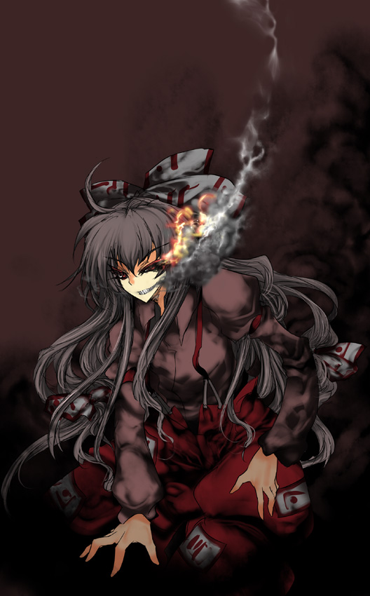 aoguu, fujiwara no mokou, touhou, silver hair, bad id, bad pixiv id, 1girl, black background, bow, female focus, fire, full body, gradient background, hair bow, hair ribbon, long hair, red eyes, ribbon, sitting, smoke, solo