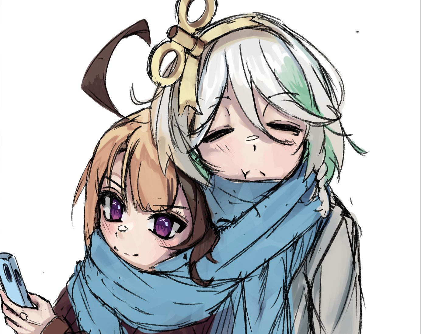 cecilia immergreen, gigi murin, hololive, hololive english, hashtag-only commentary, 2girls, = =, ahoge, blonde hair, blue scarf, blush, brown hair, cellphone, closed eyes, closed mouth, green hair, holding, holding phone, multicolored hair, multiple girls, phone, purple eyes, rycevila, scarf, shared clothes, shared scarf, simple background, smartphone, smile, two-tone hair, virtual youtuber, white background, white hair, winding key