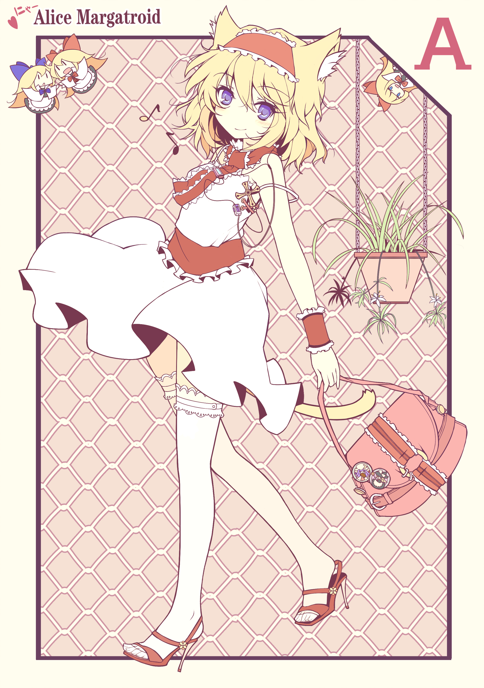 ideolo, alice margatroid, hourai doll, kirisame marisa, patchouli knowledge, shanghai doll, touhou, highres, 1girl, alternate costume, animal ears, bag, blonde hair, blue eyes, buttons, cat ears, cat girl, contemporary, cross, digital media player, earbuds, earphones, fairy, female focus, handbag, high heel sandals, high heels, ipod, kemonomimi mode, musical note, open shoes, sandals, shoes, solo, tail, thighhighs