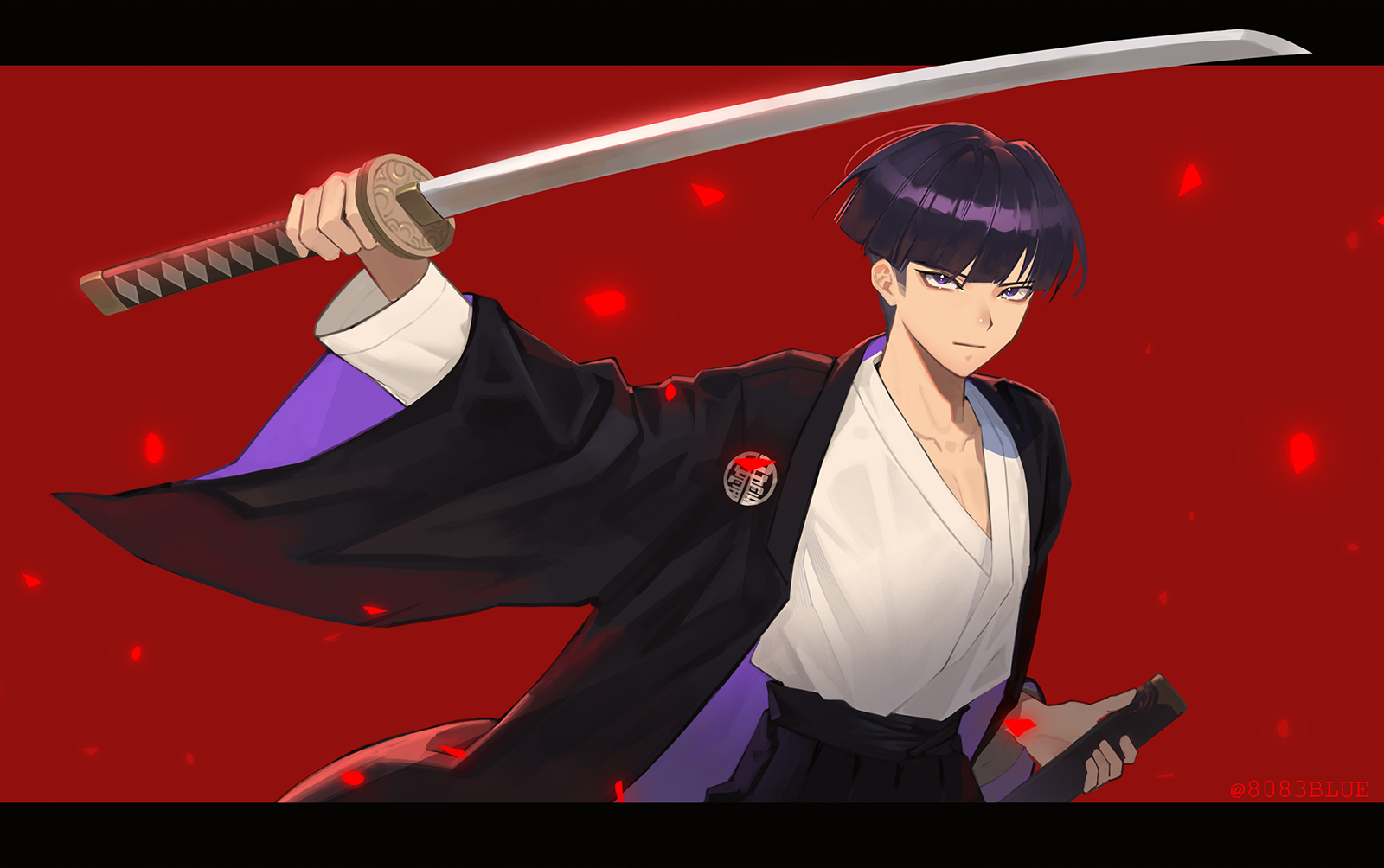 8083 blue, hoshina soshiro, kaijuu no. 8, commentary, highres, 1boy, bowl cut, closed mouth, hakama, holding, holding sheath, holding sword, holding weapon, japanese clothes, katana, letterboxed, male focus, outstretched arm, purple eyes, purple hair, red background, sheath, shirt, short hair, solo, sword, twitter username, weapon, white shirt, wide sleeves