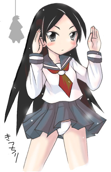 kamashi, kitsu chiri, sayonara zetsubou sensei, 00s, 1girl, black eyes, black hair, blush, clothes lift, female focus, long hair, miniskirt, panties, pantyshot, parted bangs, ribbon, school uniform, serafuku, skirt, skirt lift, solo, standing, underwear, very long hair, white panties, wind, wind lift