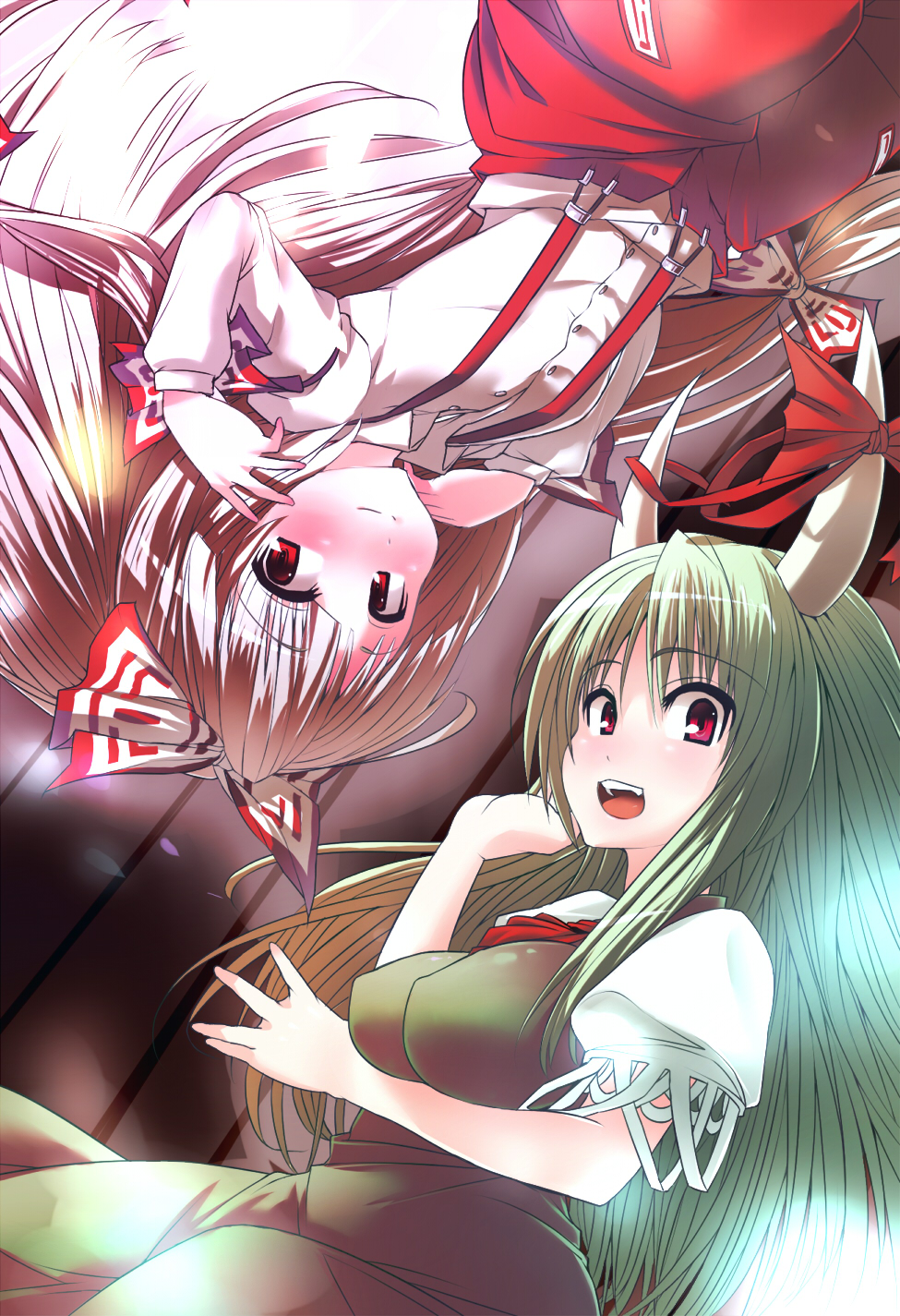 blue vert, ex-keine, fujiwara no mokou, kamishirasawa keine, touhou, highres, 2girls, blush, female focus, green hair, hair ribbon, horns, long hair, lying, multiple girls, red eyes, ribbon, rotational symmetry, upside-down, white hair