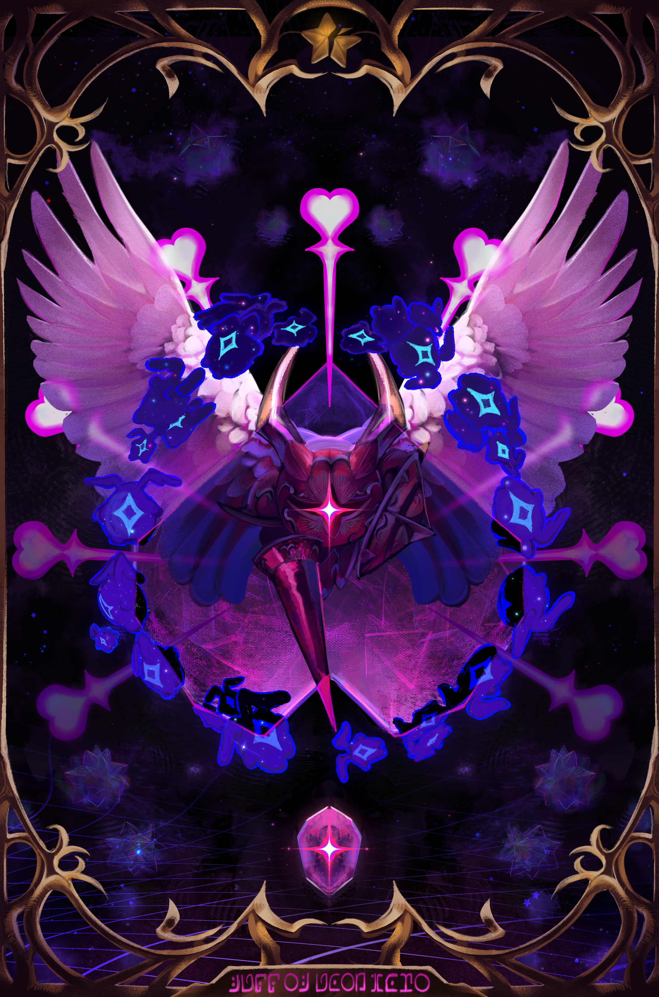 pasteldraqon, galacta knight, starry (kirby), kirby (series), kirby and the forgotten land, nintendo, star-crossed world, super kirby clash, absurdres, highres, fake text, heart, horns, lance, mask, no humans, polearm, shield, sparkle, spear, star (sky), star (symbol), upside-down heart, weapon, wings