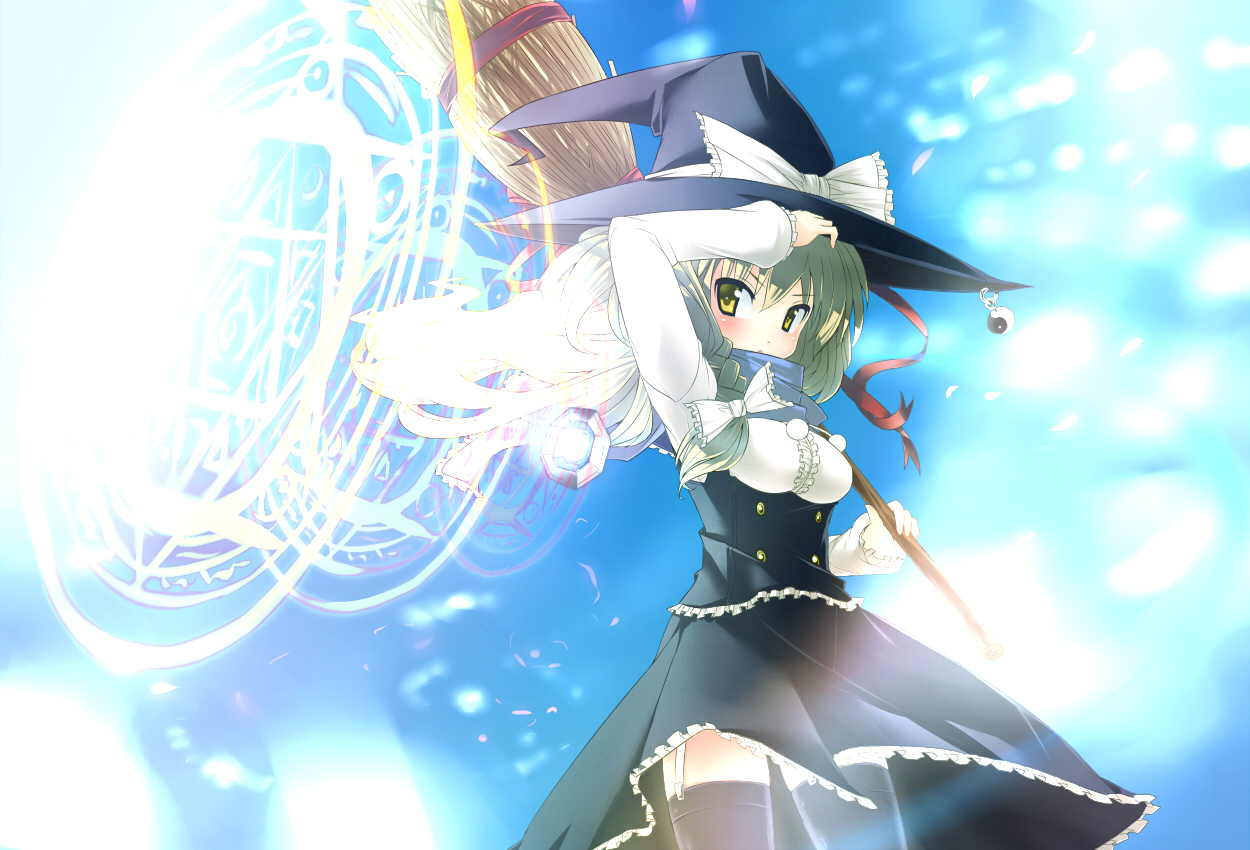 blue vert, kirisame marisa, touhou, 1girl, blonde hair, braid, breasts, broom, female focus, garter belt, garter straps, hat, long hair, magic circle, ribbon, solo, thighhighs, witch, witch hat, yellow eyes