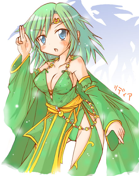 kamashi, rydia (adult) (ff4), rydia (ff4), final fantasy, final fantasy iv, 1990s (style), 1girl, aged up, blue eyes, blush, breasts, cape, cleavage, detached sleeves, dress, earrings, female focus, green dress, green hair, green panties, green thighhighs, jewelry, long hair, panties, pantyshot, retro artstyle, solo, standing, thighhighs, tiara, underwear