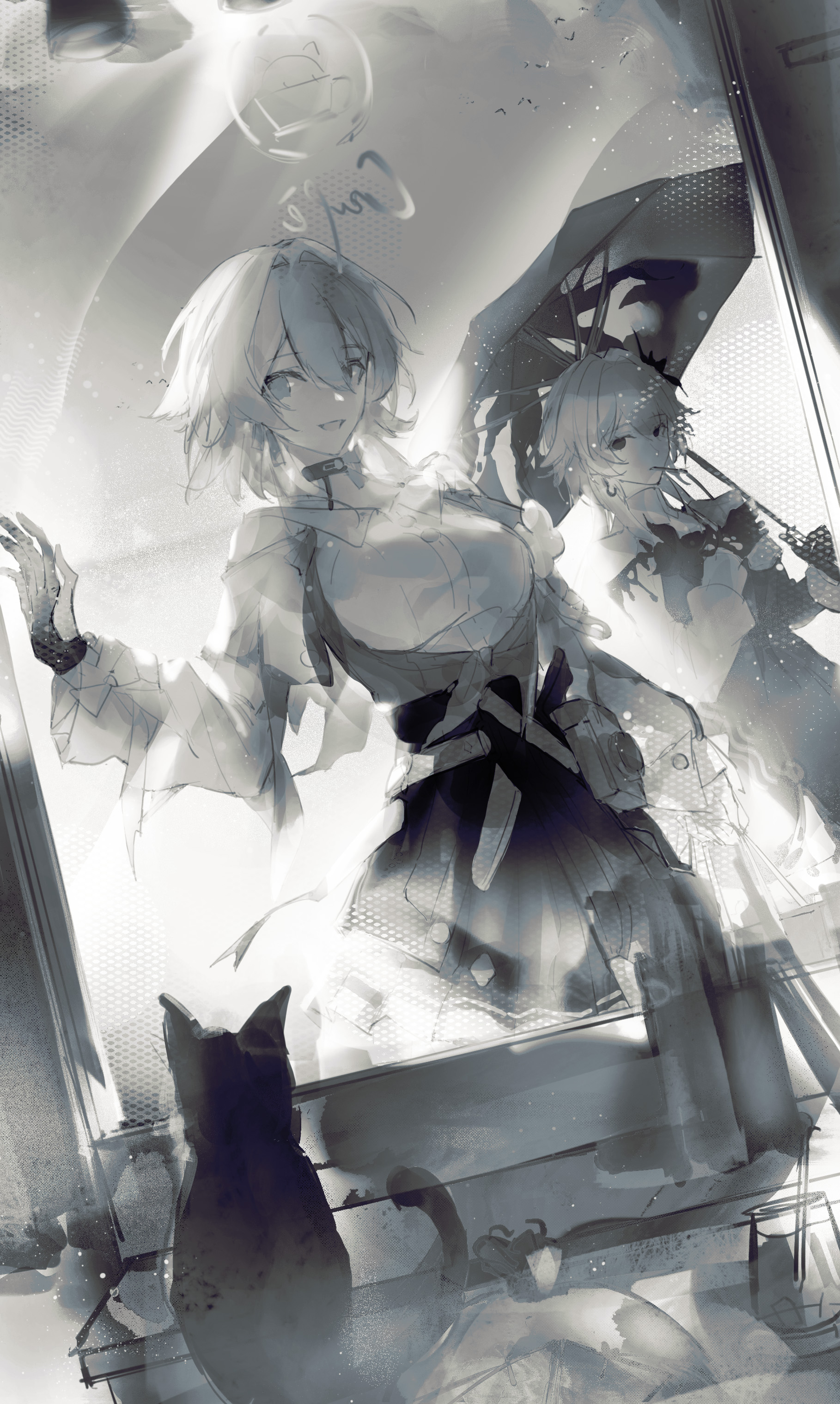 zeyal li hai, evernight (honkai: star rail), march 7th (honkai: star rail), march 7th (preservation) (honkai: star rail), honkai: star rail, honkai (series), absurdres, highres, 2girls, bra strap, breasts, buttons, camera, cat, choker, dual persona, earrings, gloves, greyscale, holding, holding umbrella, jacket, jewelry, long sleeves, looking at viewer, medium breasts, medium hair, miniskirt, monochrome, multiple girls, open mouth, overskirt, partially fingerless gloves, pleated skirt, shirt, single earring, skirt, tied jacket, umbrella, underbust