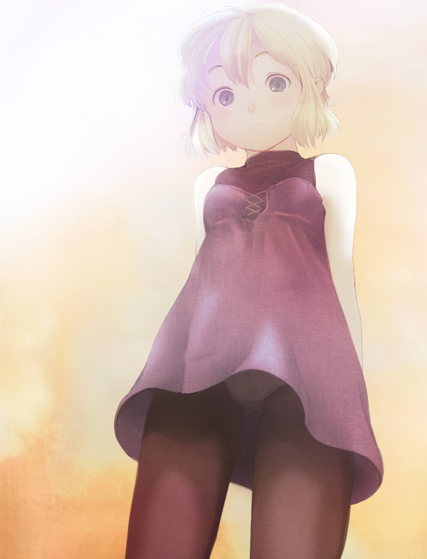moke (rotary), original, bad id, bad pixiv id, 1girl, blonde hair, blue eyes, brown pantyhose, dress, female focus, from below, panties, panties under pantyhose, pantyhose, short hair, solo, underwear, upskirt