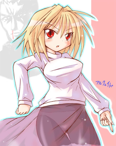 kamashi, arcueid brunestud, tsukihime, 00s, 1girl, blonde hair, breasts, female focus, long sleeves, panties, panties under pantyhose, pantyhose, purple skirt, red eyes, see-through clothes, short hair, skirt, solo, standing, sweater, thigh gap, thighs, underwear