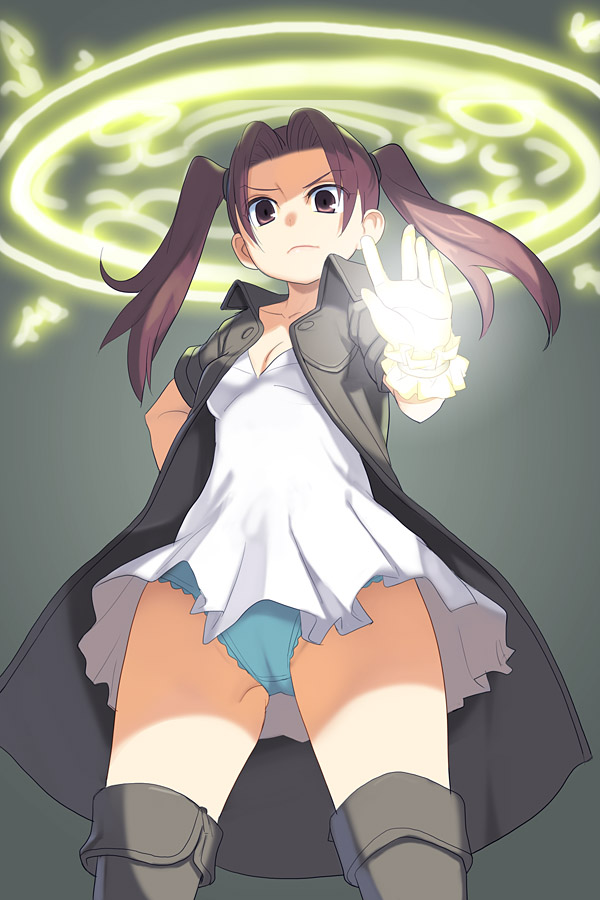 nora higuma, original, 1girl, breasts, brown eyes, brown hair, cameltoe, cleavage, dress, female focus, jacket, magic, medium breasts, panties, pantyshot, solo, thighhighs, twintails, underwear, upskirt