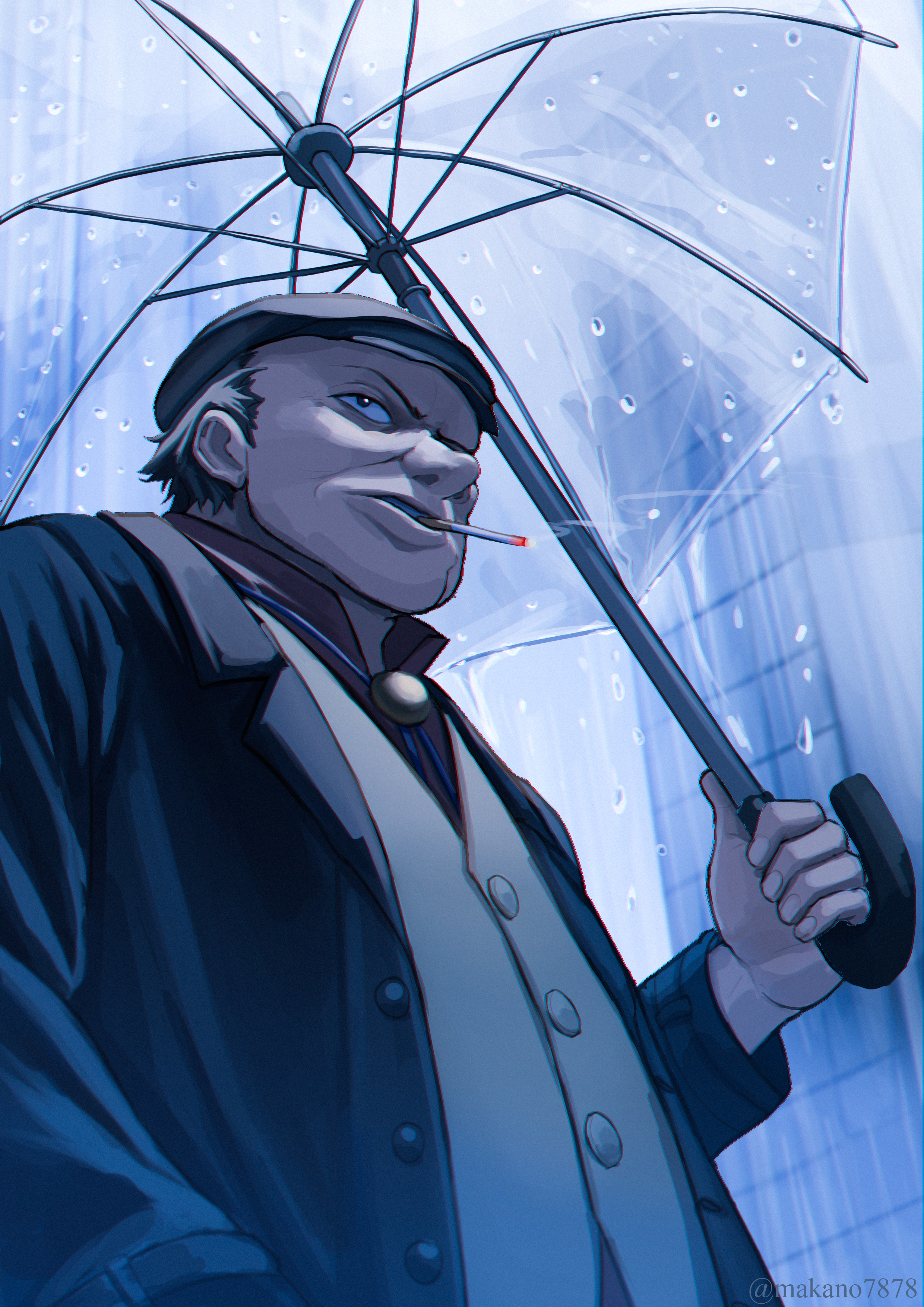 makano (user zpua3342), huang (darker than black), darker than black, small pupils, absurdres, highres, 1boy, black coat, building, cigarette, coat, from below, hat, holding, holding umbrella, male focus, open clothes, open coat, outdoors, parted lips, rain, serious, skyscraper, smoking, solo, transparent, transparent umbrella, twitter username, umbrella, upper body, vest
