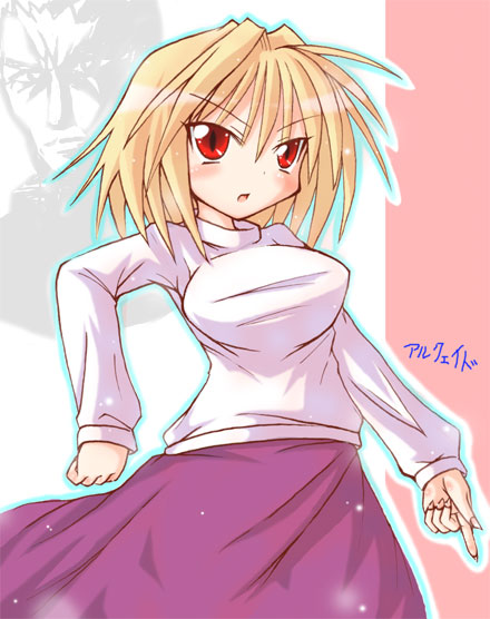 kamashi, arcueid brunestud, tsukihime, 00s, 1girl, blonde hair, blush, breasts, female focus, long sleeves, purple skirt, red eyes, short hair, skirt, solo, standing, sweater