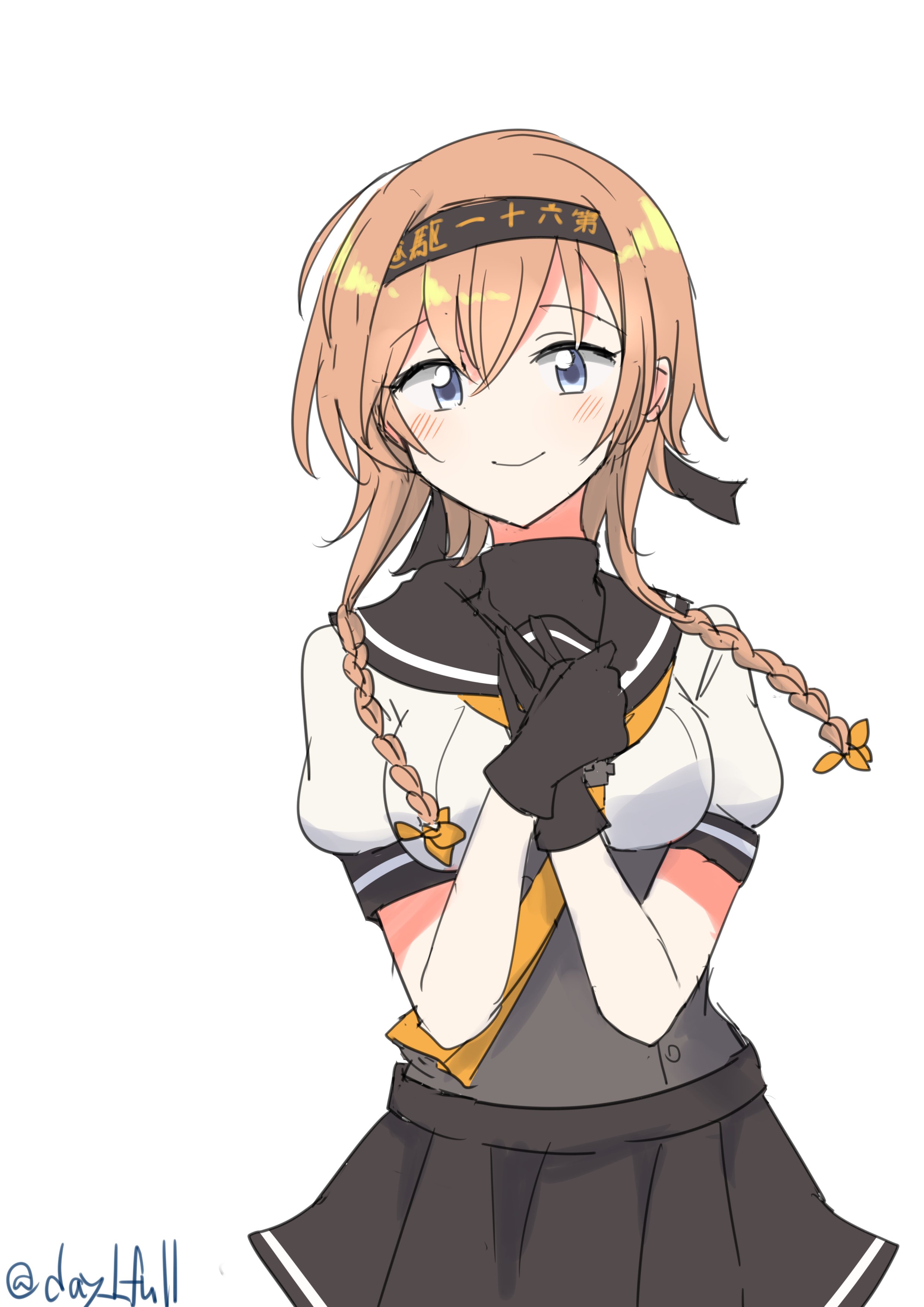 robinson (day l full), teruzuki (kancolle), kantai collection, absurdres, highres, 1girl, black gloves, black headband, black sailor collar, black skirt, braid, brown hair, clothes writing, cowboy shot, gloves, grey eyes, hair ornament, hands on own chest, headband, long hair, neckerchief, one-hour drawing challenge, pleated skirt, propeller hair ornament, sailor collar, sailor shirt, school uniform, serafuku, shirt, simple background, skirt, smile, solo, twin braids, twitter username, white background, white shirt, yellow neckerchief