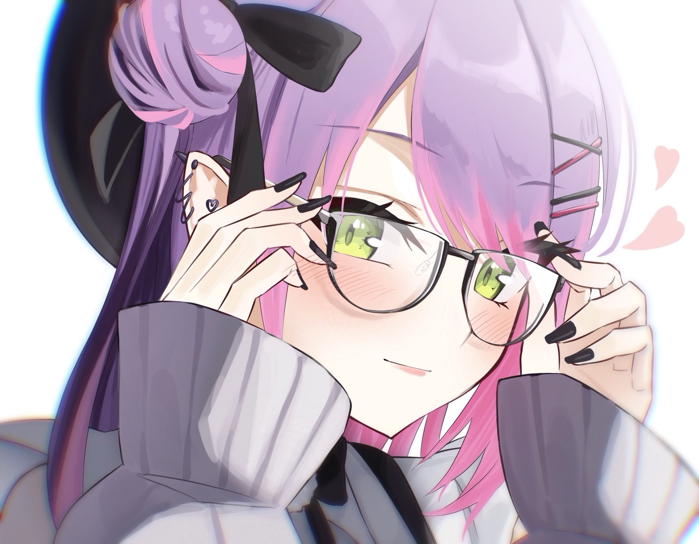 uw chanmaru, tokoyami towa, tokoyami towa (jirai kei), hololive, highres, 1girl, adjusting eyewear, beret, black-framed eyewear, black hat, black nails, closed mouth, glasses, hat, long hair, looking at viewer, multicolored hair, nail polish, official alternate costume, pink hair, purple hair, shirt, solo, streaked hair, very long hair, virtual youtuber, white shirt