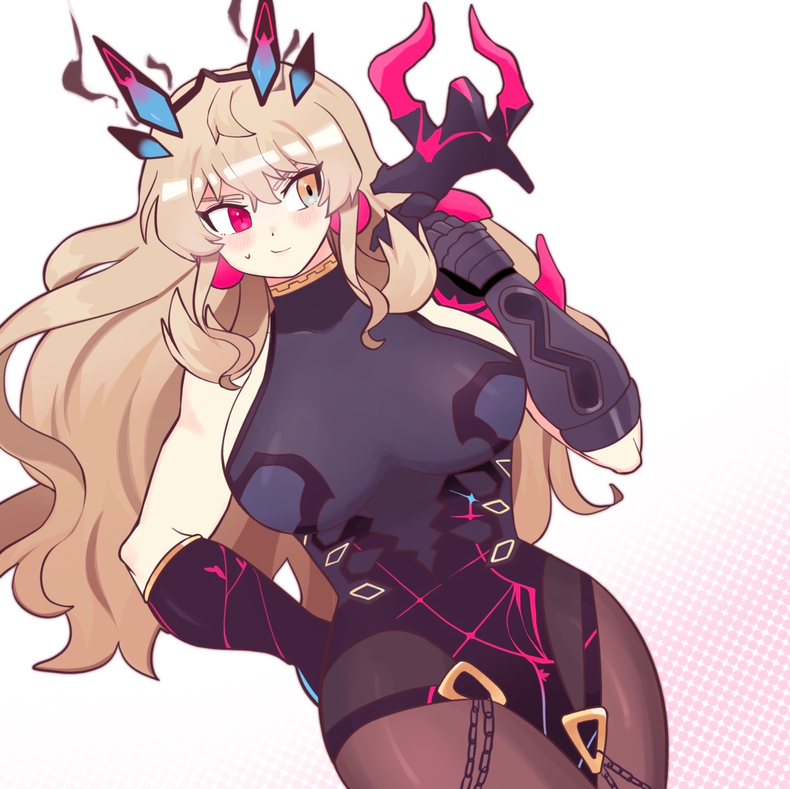 chirosamu, barghest (fate), barghest (second ascension) (fate), fate/grand order, fate (series), commentary request, highres, 1girl, avalon le fae (fate/grand order), black bodysuit, blonde hair, blush, bodysuit, breasts, brown pantyhose, closed mouth, dutch angle, eyelashes, hand on own hip, heterochromia, large breasts, long hair, pantyhose, pink eyes, simple background, smile, solo, sweatdrop, v-shaped eyebrows, white background, yellow eyes