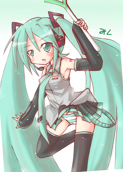 kamashi, hatsune miku, vocaloid, 1girl, black thighhighs, blouse, blush, clothes lift, detached sleeves, female focus, green eyes, green hair, green panties, hair ornament, hair ribbon, headset, leg lift, long hair, matching hair/eyes, miniskirt, necktie, panties, pantyshot, ribbon, shirt, skirt, skirt lift, sleeveless, sleeves past wrists, smile, solo, spring onion, standing, striped clothes, striped panties, thighhighs, twintails, underwear, very long hair, wind, wind lift