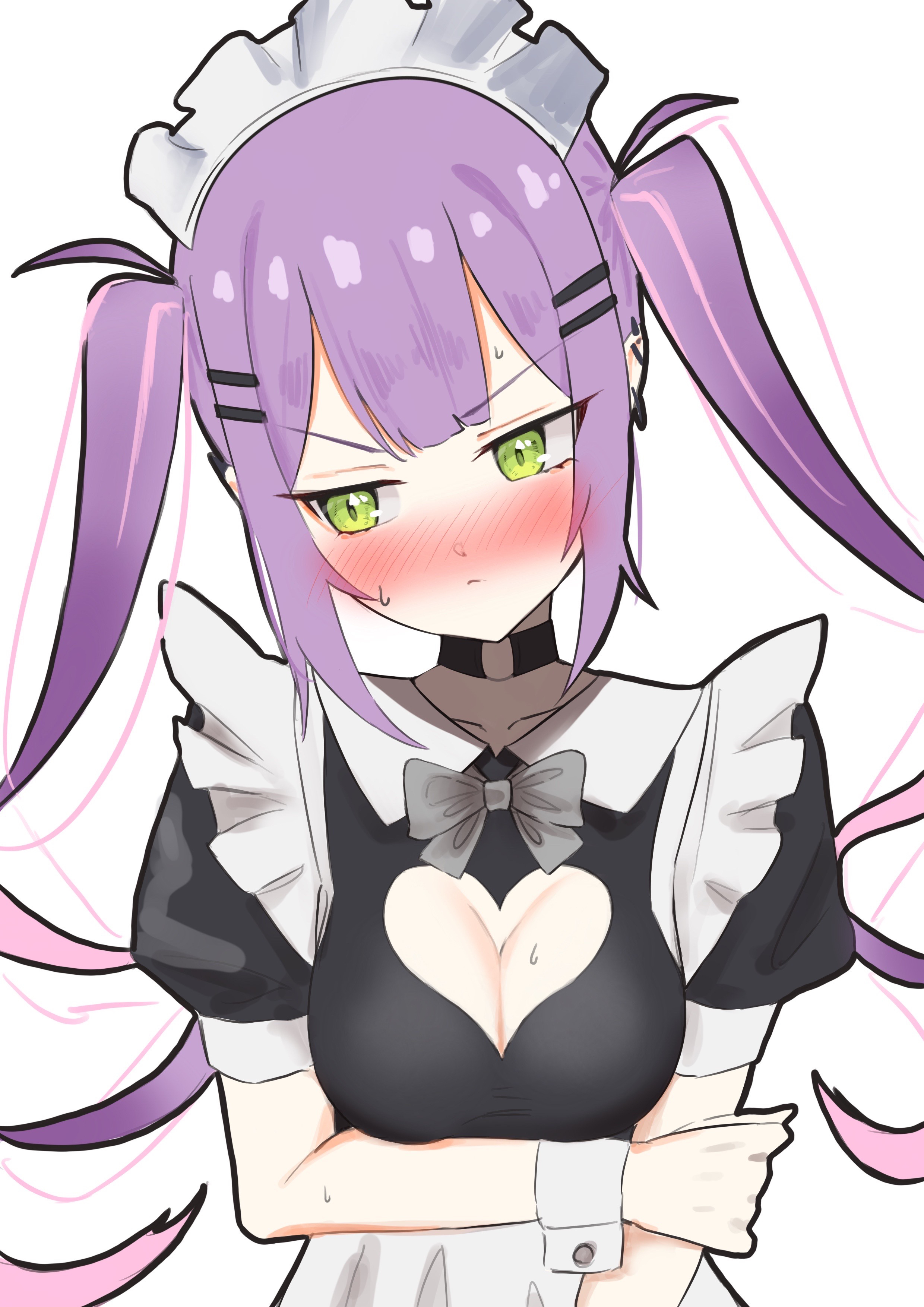 uw chanmaru, tokoyami towa, hololive, absurdres, highres, 1girl, alternate costume, apron, arms under breasts, black choker, black dress, blush, breasts, choker, cleavage, cleavage cutout, closed mouth, clothing cutout, dress, ear piercing, green eyes, hair ornament, hairpin, heart cutout, long hair, looking at viewer, looking to the side, maid, maid headdress, medium breasts, multicolored hair, o-ring, o-ring choker, piercing, pink hair, pointy ears, purple hair, solo, streaked hair, twintails, very long hair, virtual youtuber, white apron, white headdress, white wrist cuffs, wrist cuffs