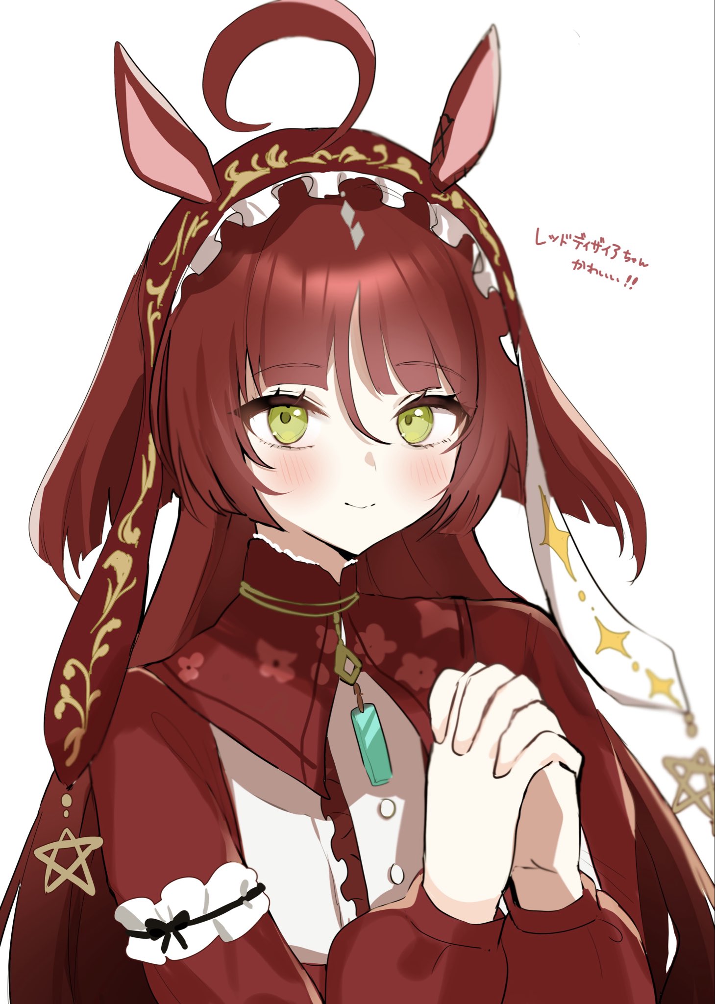pof (peuplierpof), red desire (umamusume), umamusume, commentary request, highres, translation request, ahoge, animal ears, green eyes, horse ears, horse girl, long sleeves, looking at viewer, red hair, simple background, smile, upper body, white background