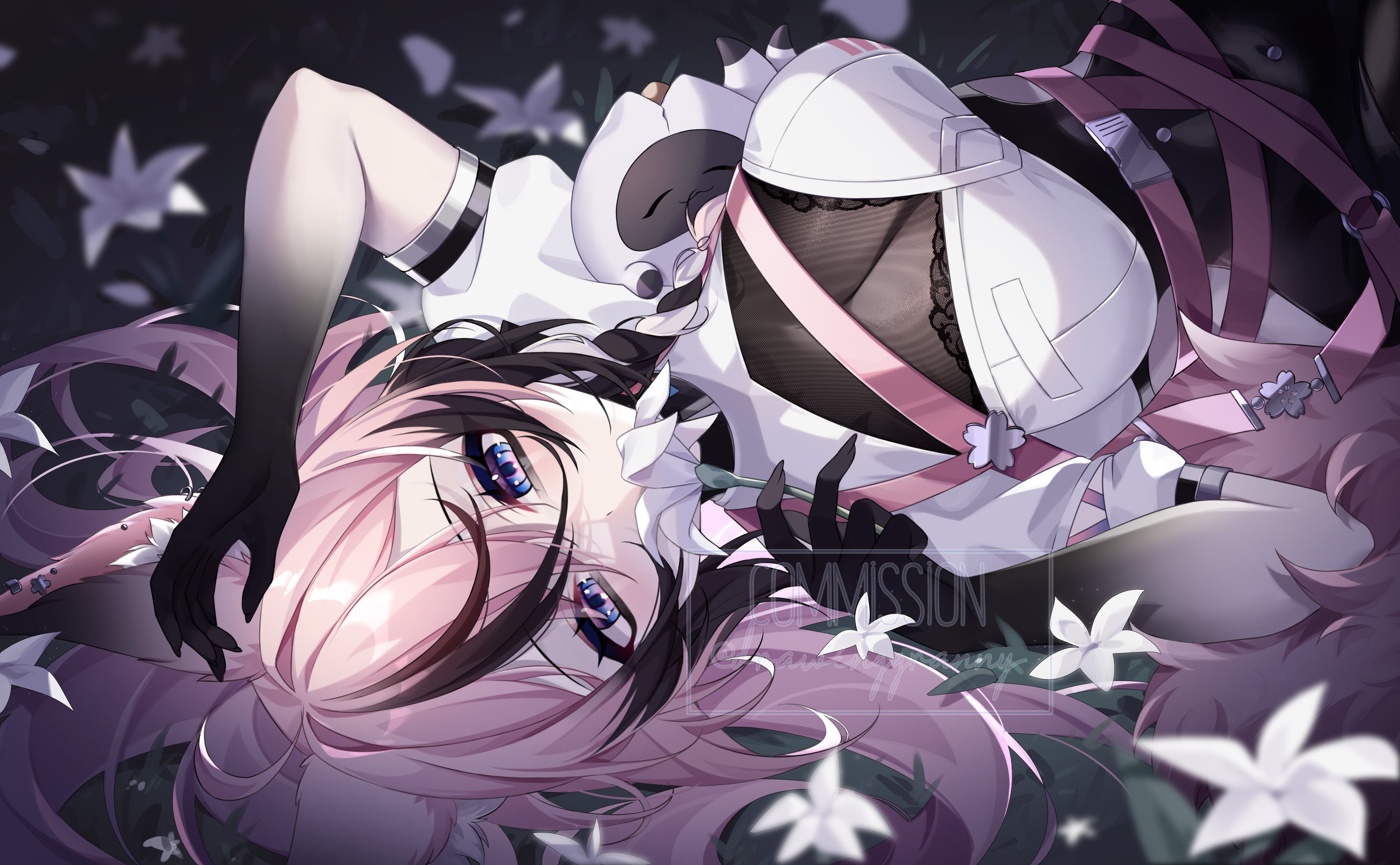 drawinggranny, sachi mizora (vtuber), indie virtual youtuber, absurdres, commission, highres, 1girl, animal ears, black hair, black skirt, blue eyes, breasts, colored extremities, earrings, flower, fox ears, fox girl, high-waist skirt, holding, holding flower, jewelry, multicolored hair, pink hair, see-through cleavage, see-through clothes, skirt, streaked hair, twitter username, virtual youtuber, watermark, white flower
