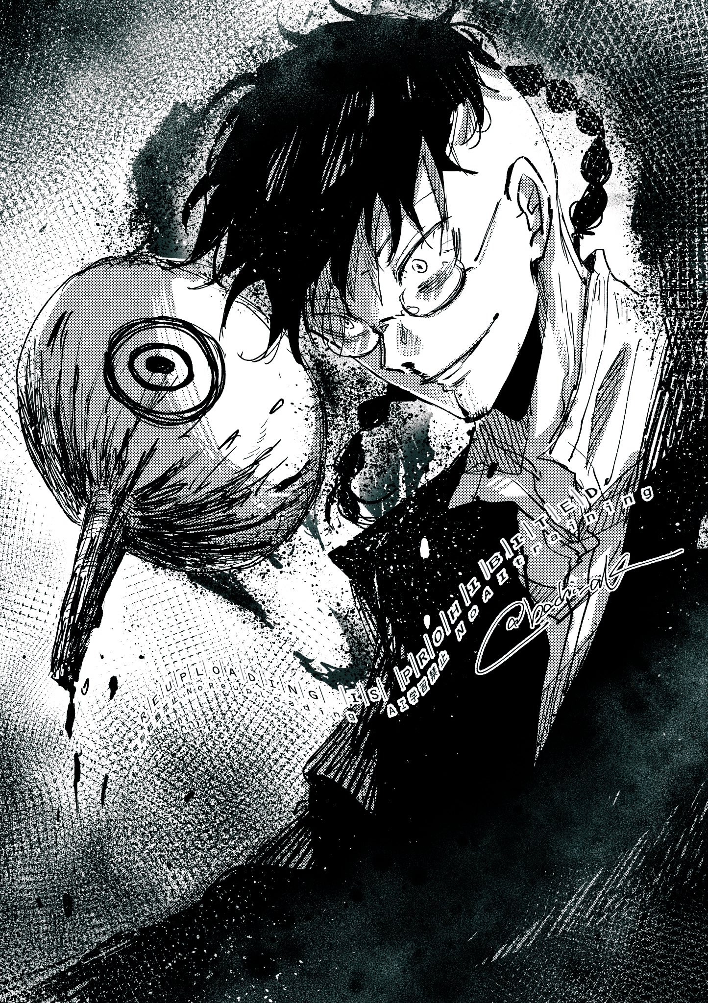 akanashi (bachi ak), hagiwara ikuto, kagurabachi, highres, 2boys, blood, braid, glasses, greyscale, jacket, kugara hajime, long hair, male focus, mask, monochrome, multiple boys, nosebleed, shirt, smile, split ponytail