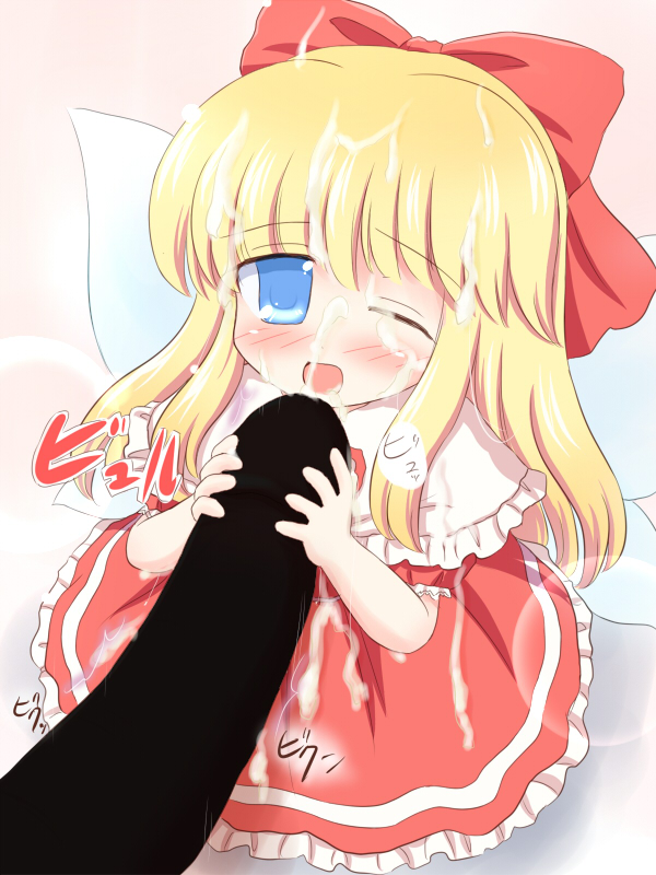ry (yagoyago), shanghai doll, touhou, 1girl, blonde hair, censored, cum, doll, ejaculation, fellatio, loli, long hair, mini person, minigirl, one eye closed, oral, penis, ribbon, solo focus, wings, wink