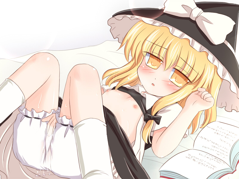 ry (yagoyago), kirisame marisa, touhou, 1girl, blonde hair, bloomers, book, female focus, female masturbation, fingering, flat chest, hat, long hair, masturbation, nipples, ribbon, solo, underwear, white bloomers