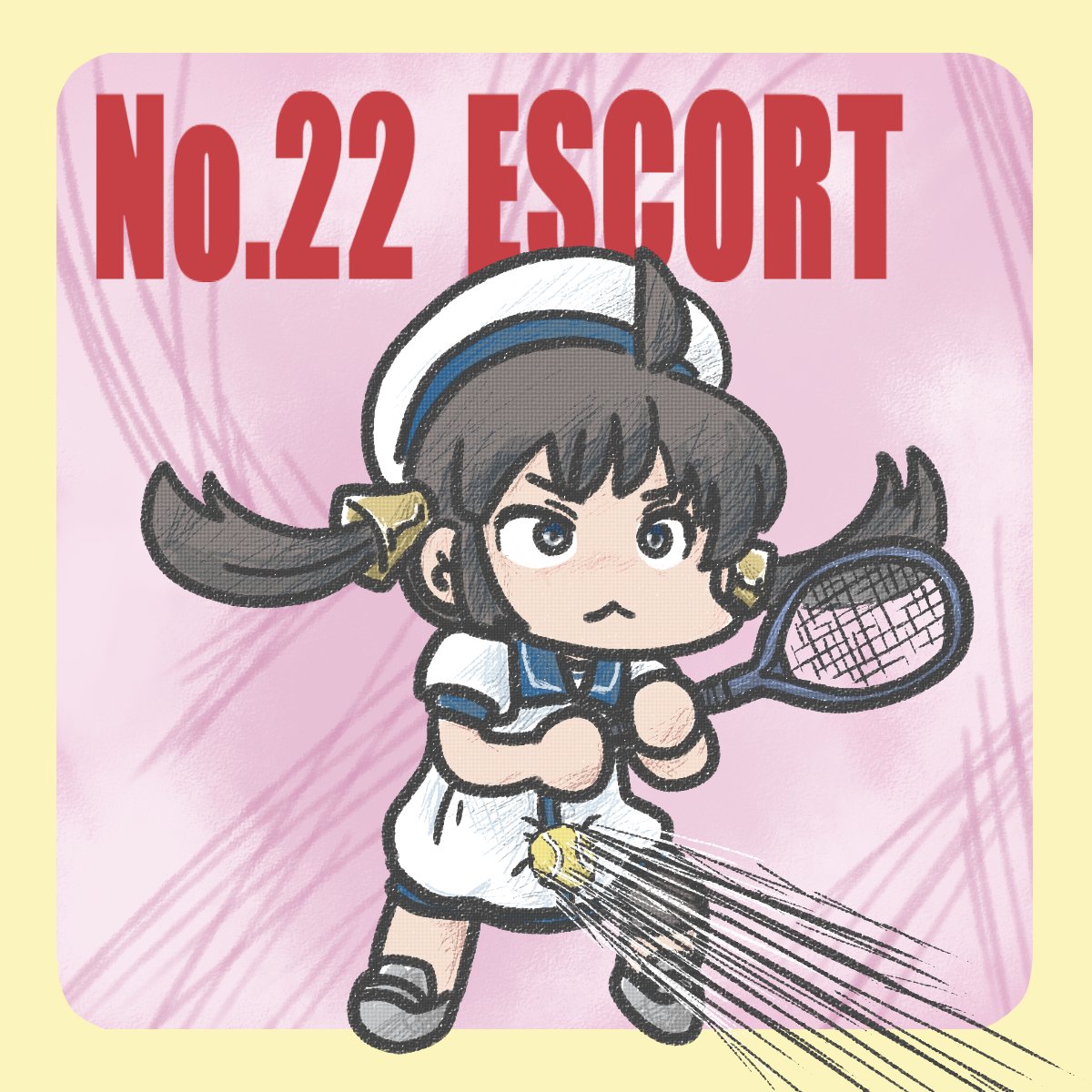ferret-san, kaiboukan no. 22 (kancolle), kantai collection, highres, 1girl, ball, bell, black hair, blue sailor collar, dress, grey eyes, hair bell, hair ornament, hat, hitting, long hair, pink background, racket, sailor collar, sailor dress, sailor hat, solo, tennis ball, tennis racket, twintails