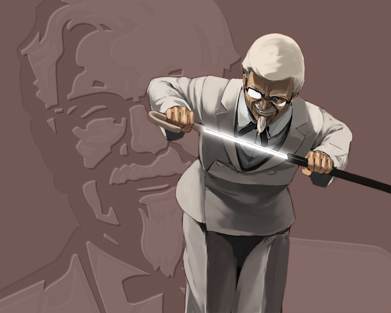 kuroko (piii), colonel sanders, kfc, 1boy, cane, concealed weapon, facial hair, formal clothes, glasses, grin, male focus, mustache, old, old man, sheath, smile, solo, string tie, suit, sword, sword cane, unsheathing, weapon, white hair