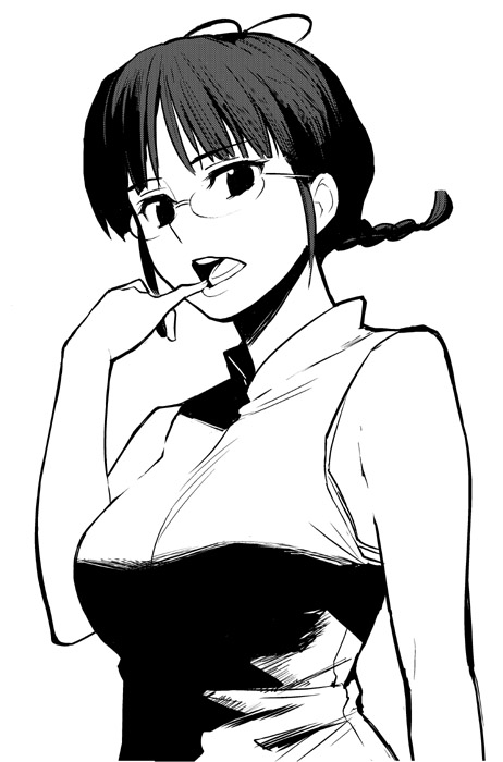 b suke, akizuki ritsuko, idolmaster, idolmaster (classic), commentary request, 1girl, alternate breast size (larger), antenna hair, braid, breasts, finger in own mouth, greyscale, large breasts, monochrome, open mouth, shirt, sleeveless, sleeveless shirt, solo, upper body