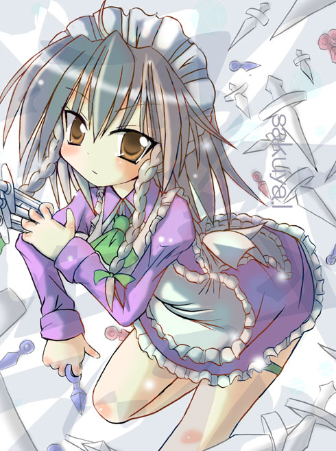 kamashi, izayoi sakuya, touhou, silver hair, 1girl, apron, blush, braid, brown eyes, dress, female focus, headdress, kneeling, knife, maid, maid apron, purple dress, purple skirt, short hair, skirt, solo, throwing knife, twin braids, weapon