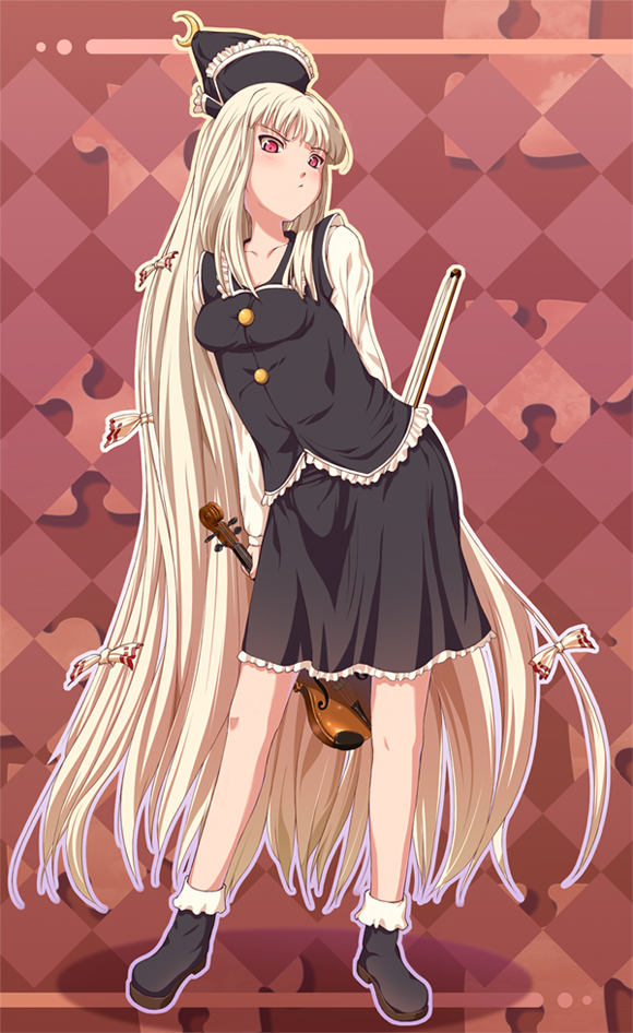 mafu, fujiwara no mokou, lunasa prismriver, touhou, bad id, bad pixiv id, 1girl, cosplay, female focus, fire, hair ribbon, hat, instrument, long hair, lunasa prismriver (cosplay), multi-tied hair, red eyes, ribbon, solo, very long hair, violin, white hair