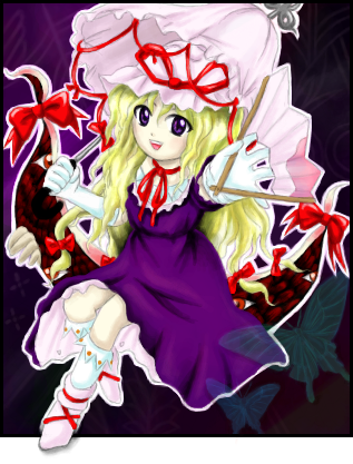 tntn, yakumo yukari, touhou, lowres, 1girl, blonde hair, female focus, gap (touhou), hand fan, official style, parasol, parody, purple eyes, solo, style parody, umbrella, zun (style)