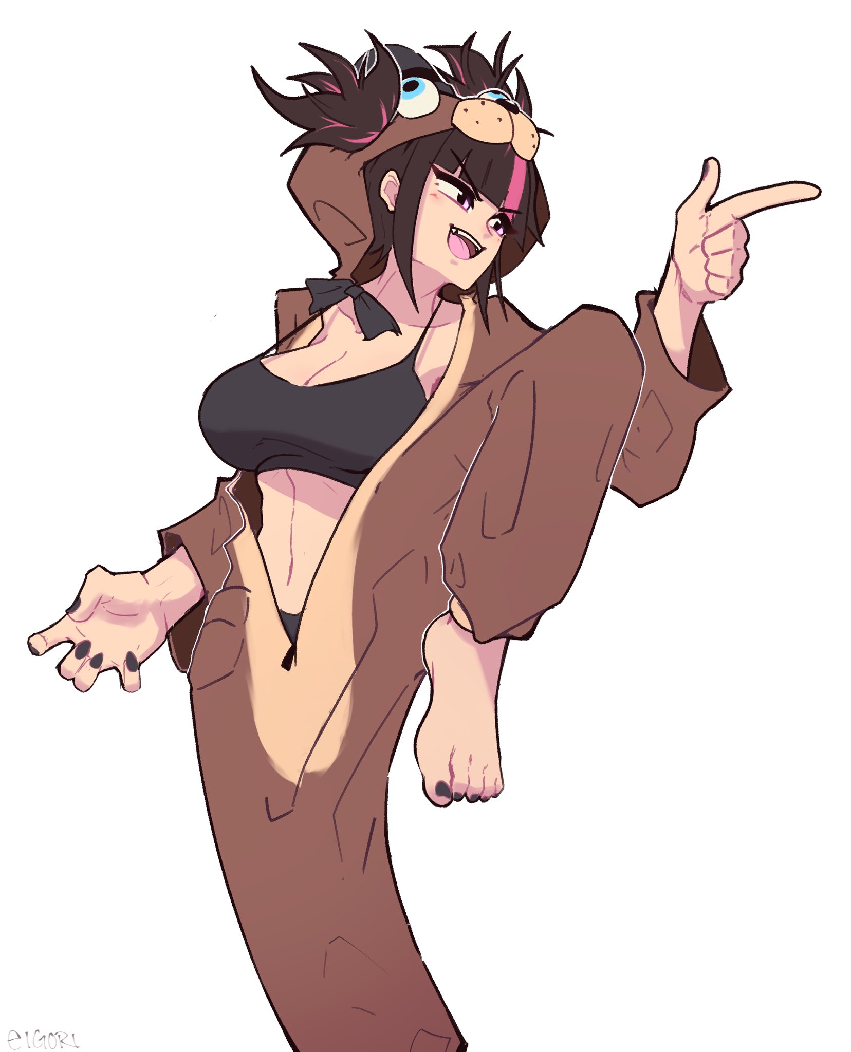 freddy fazbear, han juri, five nights at freddy's, street fighter, street fighter 6, highres, adapted costume, alternate color, artist name, black hair, breasts, cosplay, eigori, feet, fingernails, hood, large breasts, nails, one leg raised, pajamas, pink eyes, pointing, sharp fingernails, smile, teeth, twintails, unzipped, upper teeth only, white background