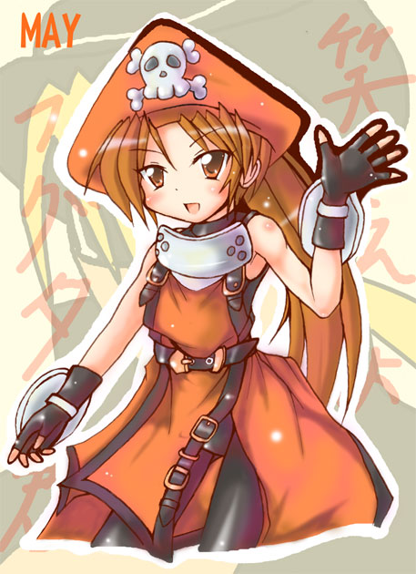 kamashi, may (guilty gear), arc system works, guilty gear, 1girl, blush, brown eyes, brown hair, character name, dress, female focus, fingerless gloves, gloves, hat, long hair, orange dress, orange hat, orange shirt, pantyhose, pirate, pirate hat, ponytail, red dress, shirt, skull and crossbones, solo, standing