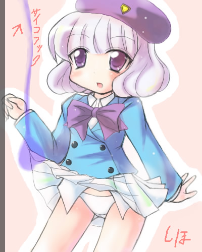 kamashi, sannomiya shiho, zettai karen children, lowres, 00s, 1girl, beret, blazer, blush, bow, bowtie, clothes lift, dress shirt, female focus, hat, jacket, loli, panties, pantyshot, pleated skirt, purple eyes, purple hair, shirt, short hair, skirt, skirt lift, solo, standing, underwear, white panties, wind, wind lift