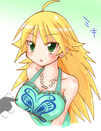 kamashi, hoshii miki, idolmaster, idolmaster (classic), idolmaster 1, 00s, 1girl, ahoge, blonde hair, blush, breasts, female focus, gradient background, green eyes, halterneck, long hair, male hand, poking, poking another's breast, solo