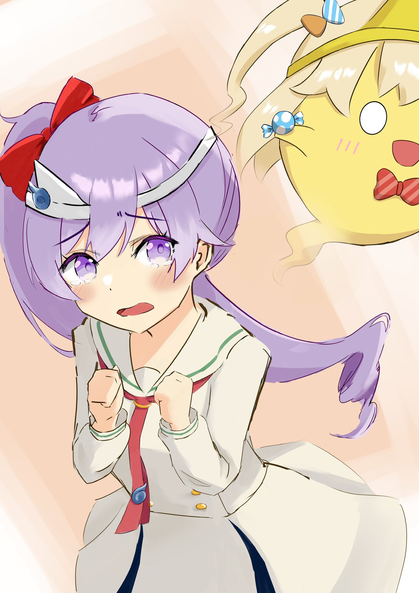 kinakollll, takase rio, chunithm, ongeki, highres, 1girl, blonde hair, blush, bow, cosplay, crying, crying with eyes open, dress, hair ornament, hair ribbon, long hair, long sleeves, looking at viewer, open mouth, ponytail, purple eyes, purple hair, red bow, ribbon, shishido mirei, shishido mirei (cosplay), striped background, tears