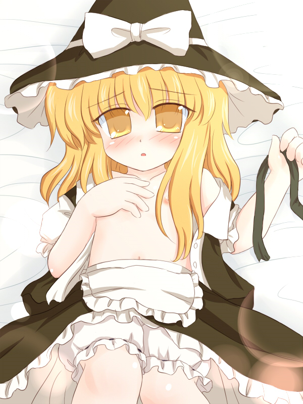 ry (yagoyago), kirisame marisa, touhou, 1girl, blonde hair, bloomers, dress, female focus, flat chest, hat, long hair, nipples, ribbon, solo, underwear